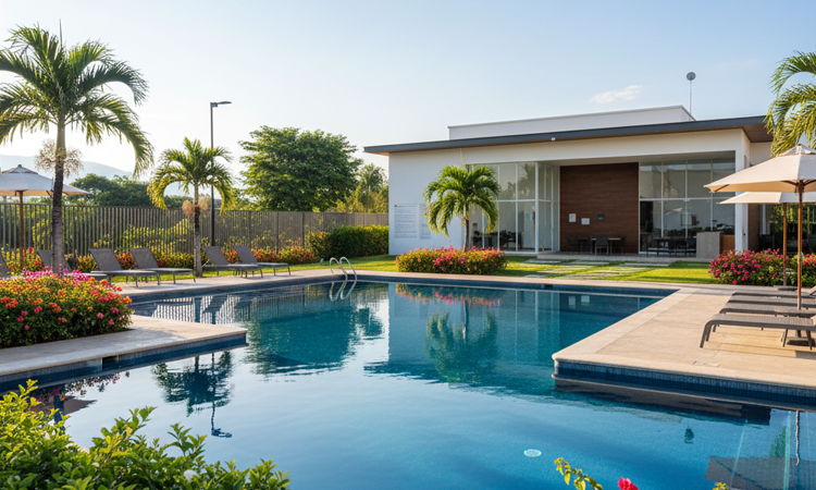 Modern clubhouse and pool area in a secure condominium in Belén, Costa Rica, representing luxury condo living for expats.