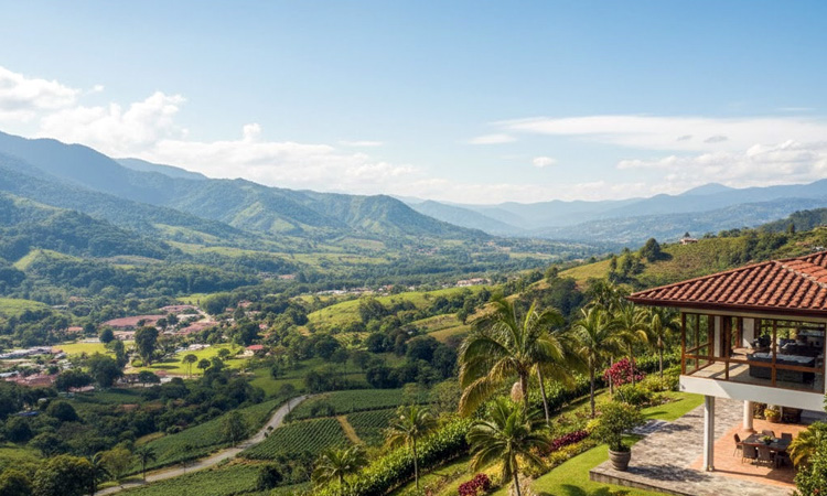 Luxury home with red tile roof and terrace overlooking lush, green Heredia Central Valley mountains.